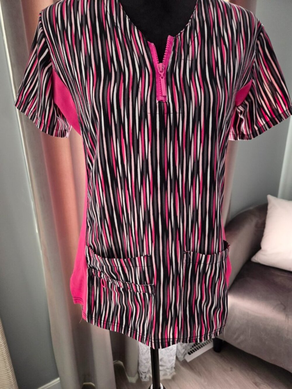 Pink Black Abstract Print Zip Neck Scrub Top